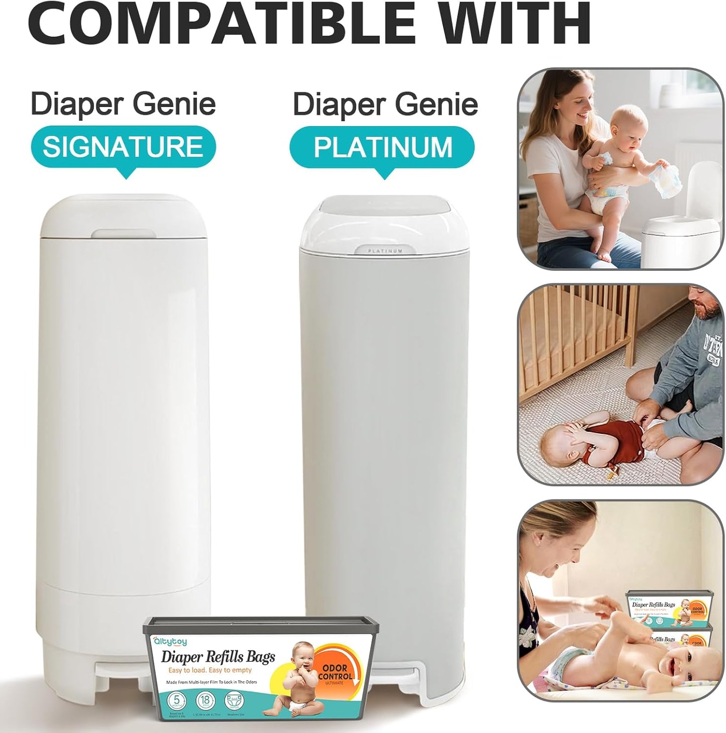 Qltytoy Diaper Pail Refill Bags Compatible with Diaper Genie Easy Roll Signature & Platinum Pails, 2-Pack (36 Bags) Hold up to 1692 Newborn Diapers Extra Thickness Powerful Odor Control Easy to Use