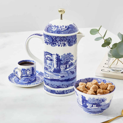 Spode Blue Italian French Press | 28-Ounce Capacity | Espresso, Coffee, and Tea Maker | Porcelain Cafetiere | Stainless Steel Plunger | Dishwasher Safe (Blue/White)