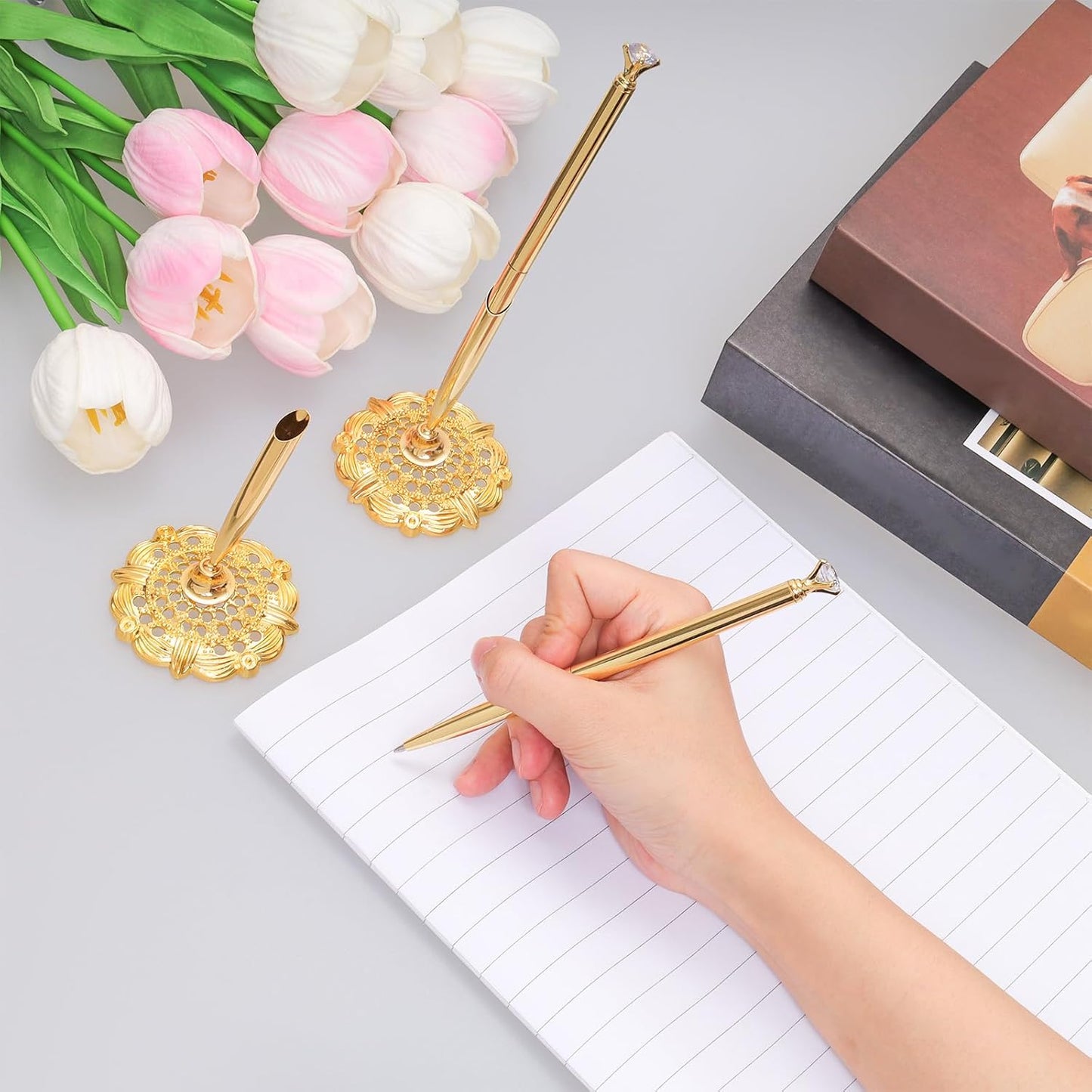 Bcxfbxd 2 Pcs Hollow Round Pen Holder with Diamond Metal Pen Stand Holder Set Signing Pen Set Signing Desk Ballpoint Pens for Guest Book Wedding Birthday Graduation Teacher Office Business (Gold)