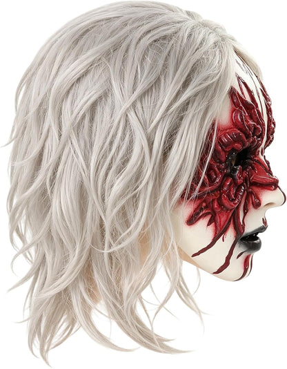 Scary Halloween Bloody Zombie Mask with White Wig for Women