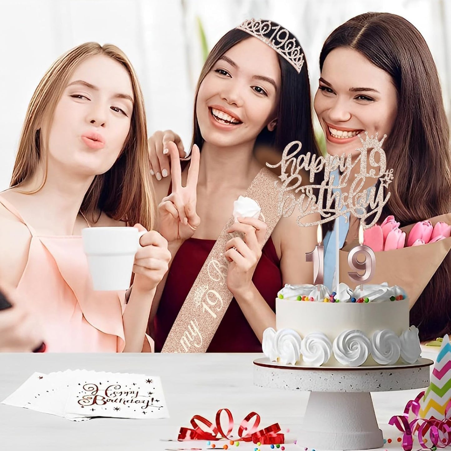 65th Birthday Decorations for Women, Including 65th Birthday Sash and Crown, Cake Topper and Candles, Number Balloons Rose Gold, 65 Year Old Gifts for Women