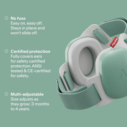 Alpine Muffy Baby Comfort - Baby Ear Protection Noise Cancelling - CE & ANSI Certified - Unique Headband for Safe fit & Comfort - Multi-adjustable for Ages 3-48 Months - 24dB Sound Reduction, Green