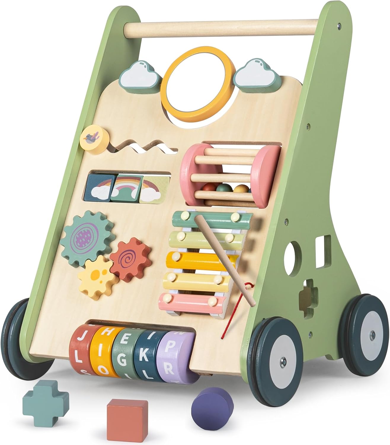 Baby Walker with Wheels for 10 Months+, Push Walker 10-in-1 Activity Center Help Babies Build Balance & Confidence, Wooden Frame, 9 Interactive Toys, Smooth Edges, Non-Toxic Paint, 1st Birthday Gift