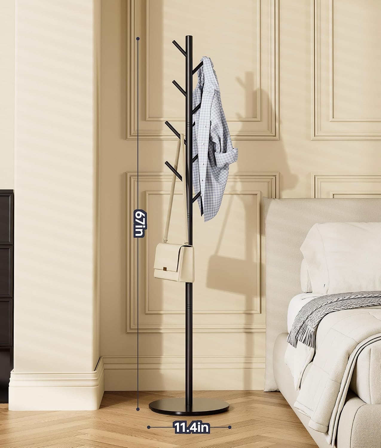 Coat Rack with 8 Hooks, Adjustable to 3 Heights, Modern Hall Tree, Sturdy Metal Coat Stand with Sintered Stone Base, for Entryway, Office or Bedroom, Ideal for Coats, Hats and Bags, Black