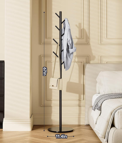 Coat Rack with 8 Hooks, Adjustable to 3 Heights, Modern Hall Tree, Sturdy Metal Coat Stand with Sintered Stone Base, for Entryway, Office or Bedroom, Ideal for Coats, Hats and Bags, Black