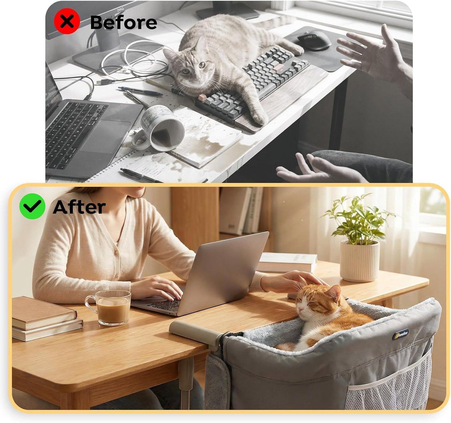 Veehoo Cat Desk Bed, Removable Washable Cats Bed for Desk | Hammock Perch Design, Soft Faux Rabbit Fur Kitten Nest, Fits Various Desktops, Maximum Hold Up to 50lb, 48 x 46 cm, Grey