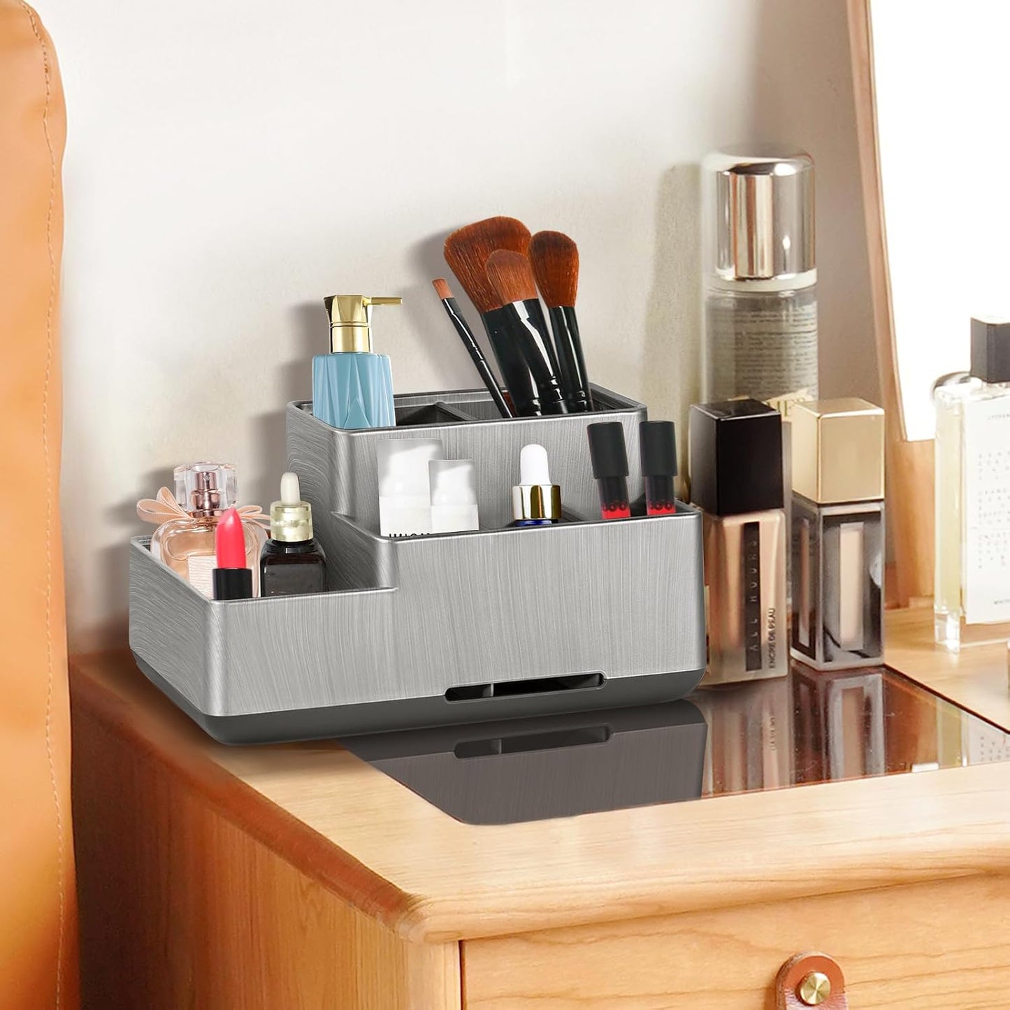 Toothbrush Holder, Bathroom Organizers Countertop, 6 Compartments Multifunctional Washroom Organizer for Toothpaste, Cosmetic, Makeup, Office Stationery Pencils（Silver）