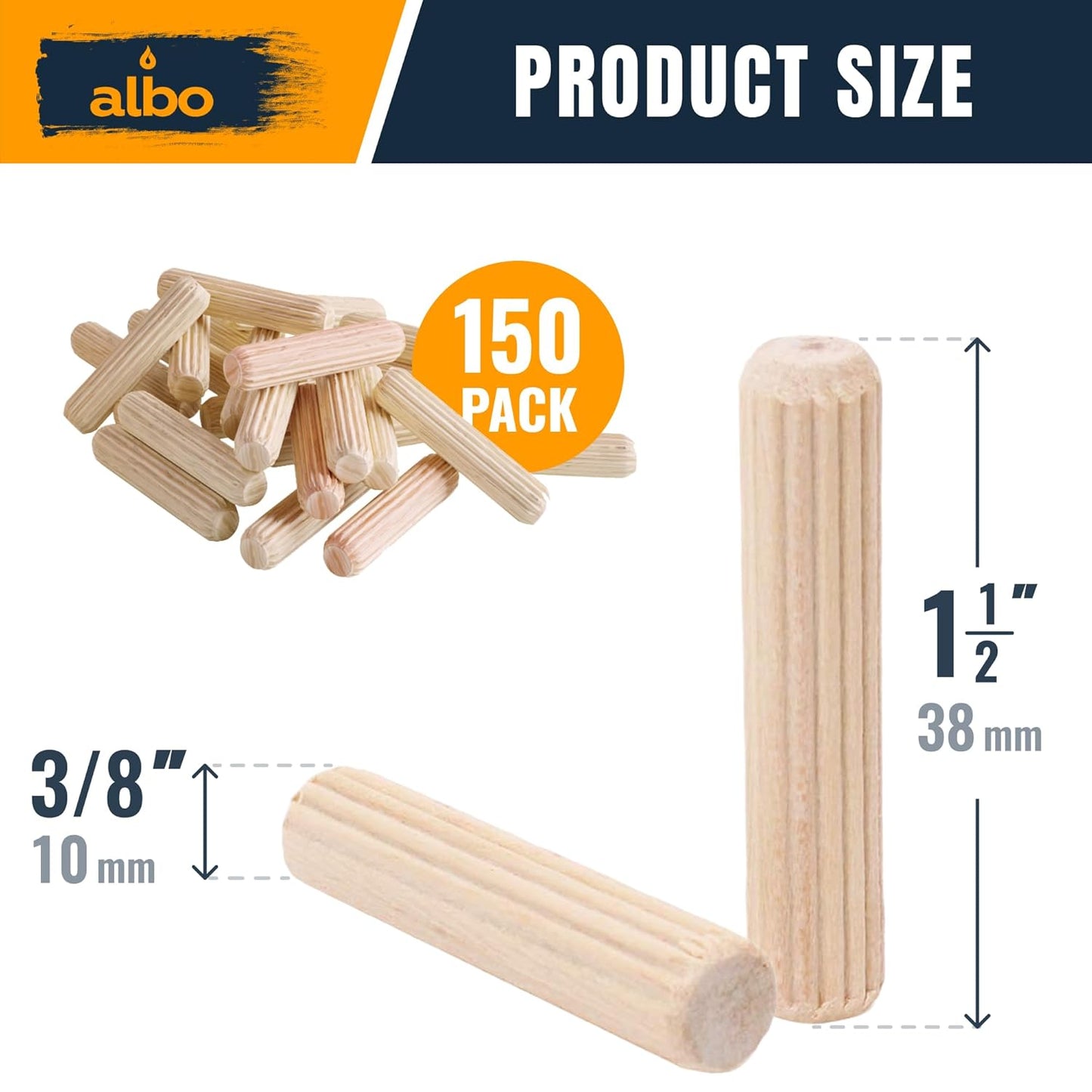 ALBO Wooden Dowel Pins 100 Pack Assorted Sizes 1/2 + 3/8 + 5/16 + 1/4 inch Fluted Wood Dowels Rods Hardwood Crafts Dowel Pegs