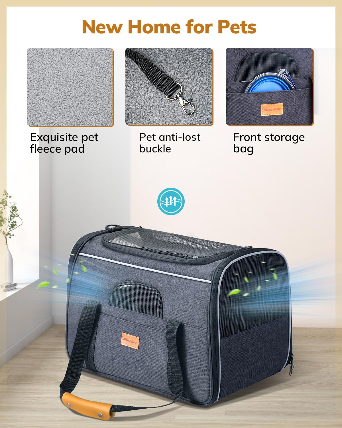 Morpilot Cat Carrier Soft - Portable Pet Carrier for Small or Medium Cats, Dogs and Puppy up to 14lbs, Airline Approved Dog Carrier with Safety Buckle - (Dark Gray)