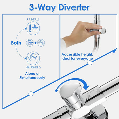ROVOGO Retrofit Shower System with 7" RainShower, 5-Setting Handheld, 22" Slide Bar with 3-Way Rotary Diverter, Exposed Pipe Shower Column Kit 304 Stainless Steel, Chrome (NOT Include Mixer Valve)