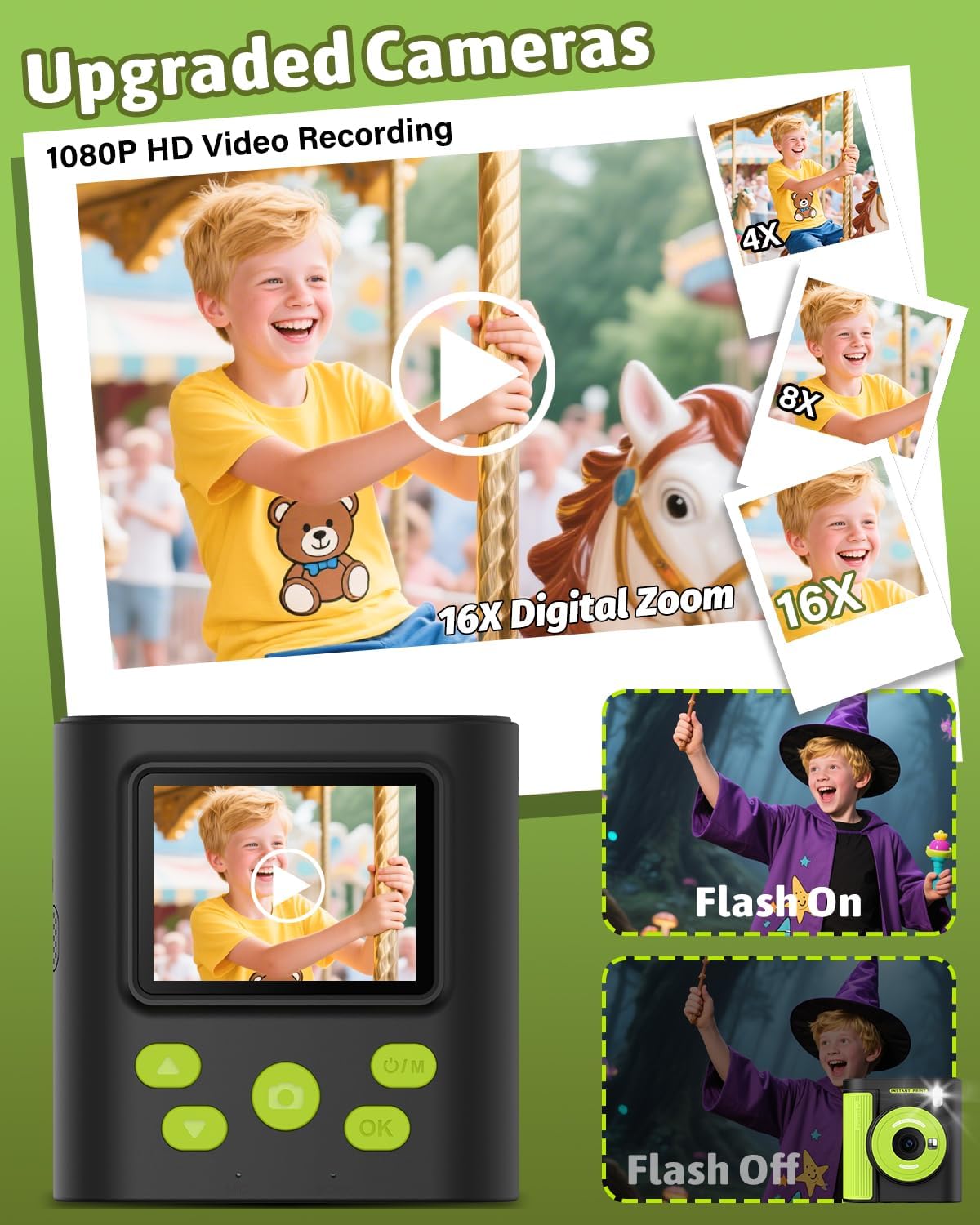 Mgaolo Kids Camera with Instant Print, Thermal Printing Digital Camera Gift for 3-12 Years Old Children, Safe Ink-Free Design, Toy for Creativity & Learning (Black)