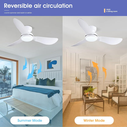 Kviflon 46 Inch Modern Ceiling Fans with Lights, Flush Mount Ceiling Fan with Remote/APP Control, 3 Reversible Curved Blades, 6 Speeds, 3 CCT, Dimmable Lights for Kids Room Bedroom, White