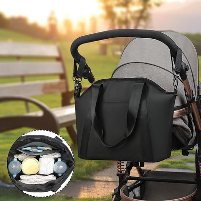 Black Stroller Diaper Bag | Large Capacity Faux Leather Organizer