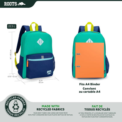 Roots Kids Lightweight Backpack — Made from 100% Recycled Fabrics with Rain Flap, Bottle Pocket, Reflective Accent, and Back Padding — 22.5 litres, Pink & Purple