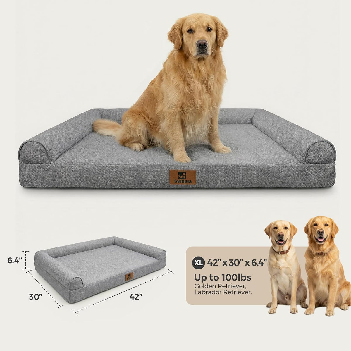 Sytopia 42 Inch Indestructible Dog Beds for Large Dogs, Big Chew Proof Orthopedic Egg Crate Foam Pet Bed with Washable Removable Cover and Anti-Slip Bottom, Great Gift for Pets, Grey
