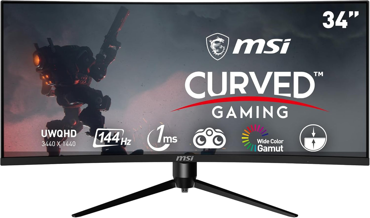 MSI Optix MAG342CQR 1500R Curvature 21:9 Aspect Ratio Narrow Bezel 1ms 3440x1440(UWQHD) 144Hz Refresh Rate Tilt/Swivel/Height/Pivot Adjustment 34" AMD Freesync Gaming Curved Monitor, Black, Pack of 1