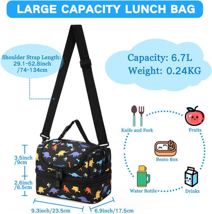 VASCHY Lunch Box Bag Men, Insulated Two Compartments Bento Cooler Bags for Adults/Women/Kids for School,Daycare,Kindergarten,Picnic Black