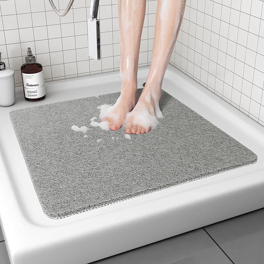 Square Shower Mat, Non Slip Bath Mat, Loofah Shower Stall Mats for Walk-in Shower, 32 x 32 Inches Shower Floor Mat with Drain, Bath Mats for Showers Bathroom, Tub, Seniors