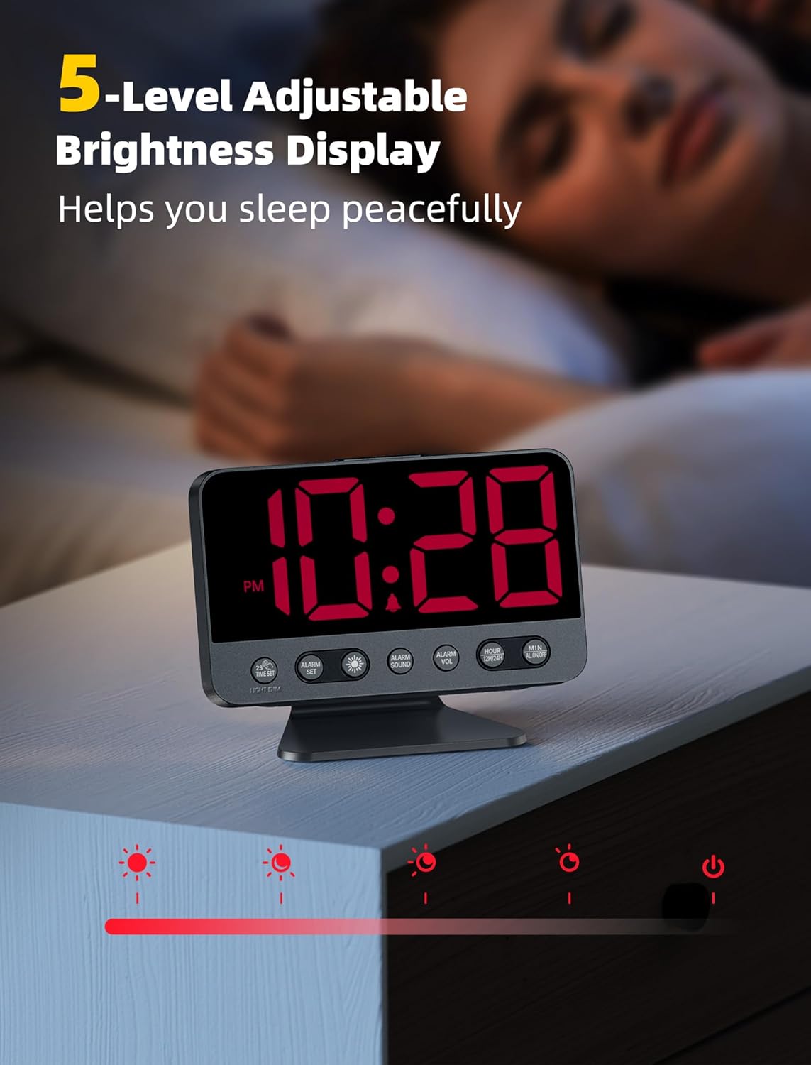 Odokee Digital Alarm Clocks for Bedrooms: Large Bold Number 5 Brightness Dimmer - Easy to Read Across The Room - 5 Alarm Sound 8 Night Light - Silver