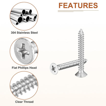 DTGN 100Pcs #6x1/2 Flat Head Wood Screws, 304 Stainless Steel Phillips Self Tapping Screws - Good for Woodworking, Furniture - Silver