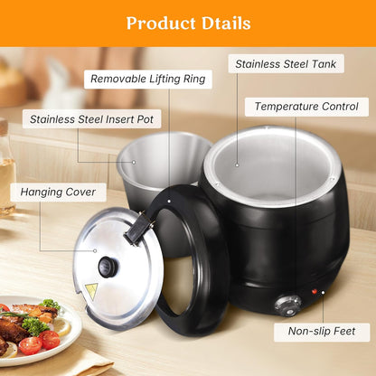 CLIVIA Soup Warmer, 11 Qt Soup Kettle Warmer Electric Commercial Food Kettle Warmer Coountertop with Hinged Lid & Detachable Stainless Steel Insert Pot for Restaurant/Buffet/Hotel/Family, Black