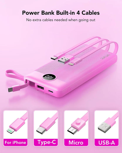 VRURC 10000mAh Power Bank Built-in Cables, Portable Charger with LED Display, Slim Intelligent Travel Battery Pack with Cords, 5 Output Dual Input Phone Charger for Cell Phone Smart Devcies-Blue
