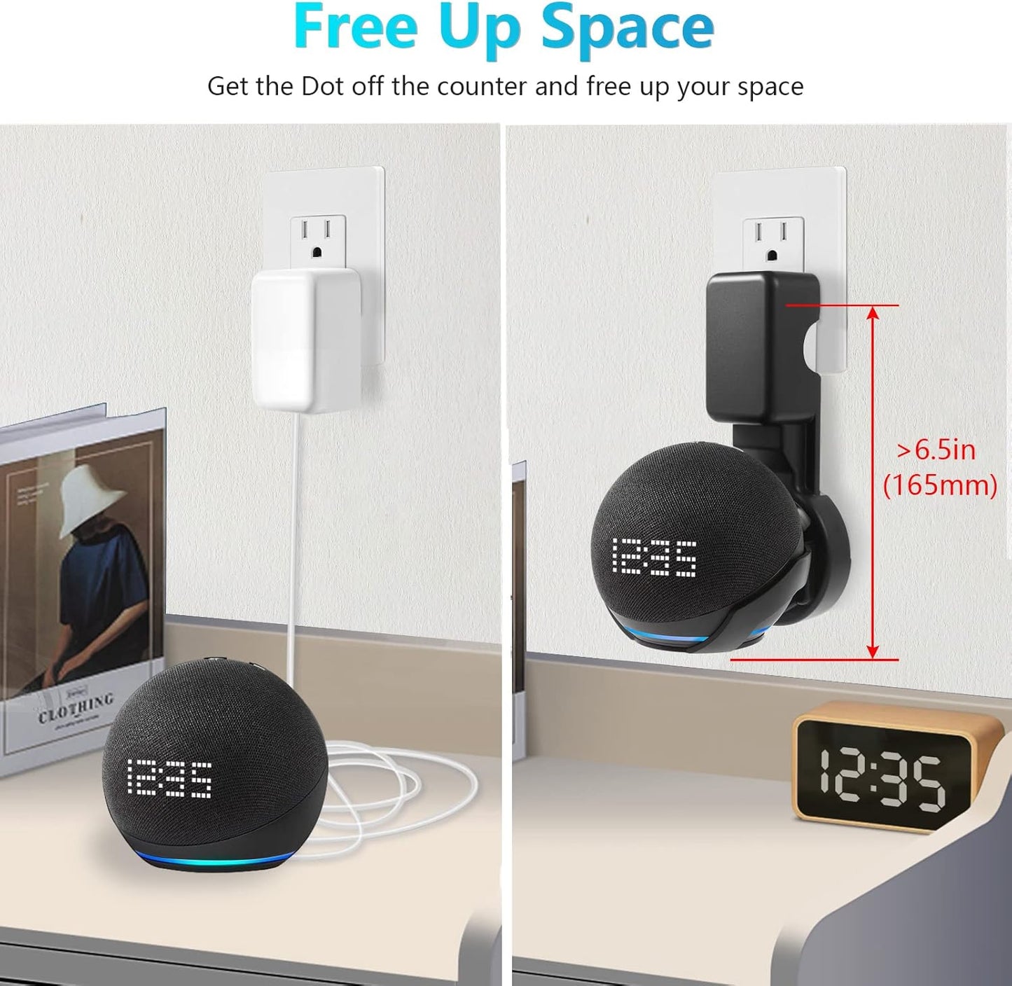ZUOLACO Wall Mount Holder for Echo Dot 5th Generation, Outlet Wall Mount Stand for Echo Dot 5th/4th Gen, No Screws or Drilling Needed, Space-Saving Dot Accessories with Cable Hidden Storage, Black