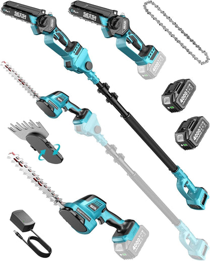 SEESII 6-in-1 Cordless Mini Chainsaw Pole Saw & Hedge Trimmer Combo Kit