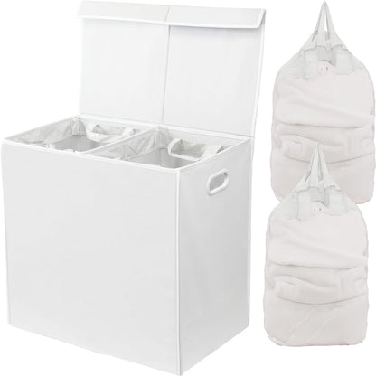 SimpleHouseware Double Laundry Hamper with Lid and Removable Laundry Bags, Beige