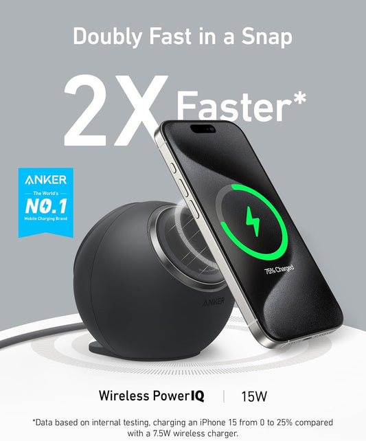 Anker MagGo Magnetic Charging Station, Qi2 Certified 15W Ultra-Fast MagSafe Compatible Wireless Charger for iPhone 15/14/13/12, 8-in-1 Power Strip with 3 AC and 4 USB Desktop Charger - PuriLite