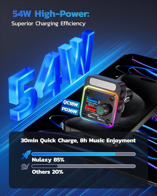 Nulaxy 54W [PD 36W & QC3.0 18W] Bluetooth 5.3 Car Adapter with 4 Charging Ports, Wireless Radio FM Transmitter Audio Receiver with Deep Bass MP3 Music Player, 5 Colors LED Backlit, Hands-Free Calling - PuriLite