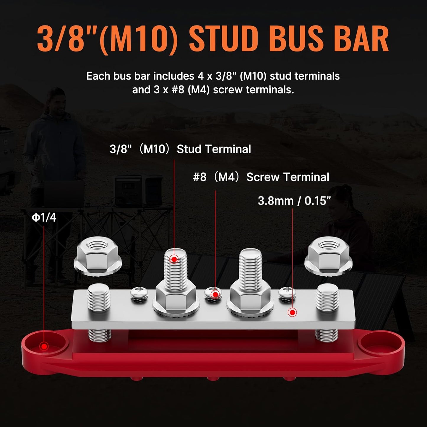 Joinfworld Bus Bar 12V 250A Power Distribution Block with 4 x 3/8" Studs 12 Volt Marine Battery Busbar Terminal Block with Cover - Negative&Positive