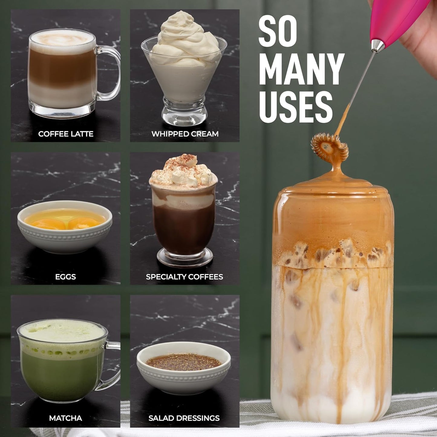 Zulay Kitchen Powerful Double Whisk Milk Frother Handheld - Foam Maker with Stand - Whisk Drink Mixer for Coffee, Mini Foamer for Latte, Matcha, Frappe, Hot Chocolate & Cappuccino (Black)
