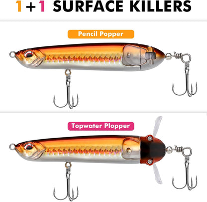 TRUSCEND PoPobait with BKK Hooks, Top Water Plopper Fishing Lures for Bass Walleye Pike Catfish Musky Perch, Floating Lure for Freshwater or Saltwater, Amazing Teasers Fishing Gifts for Family Fishing