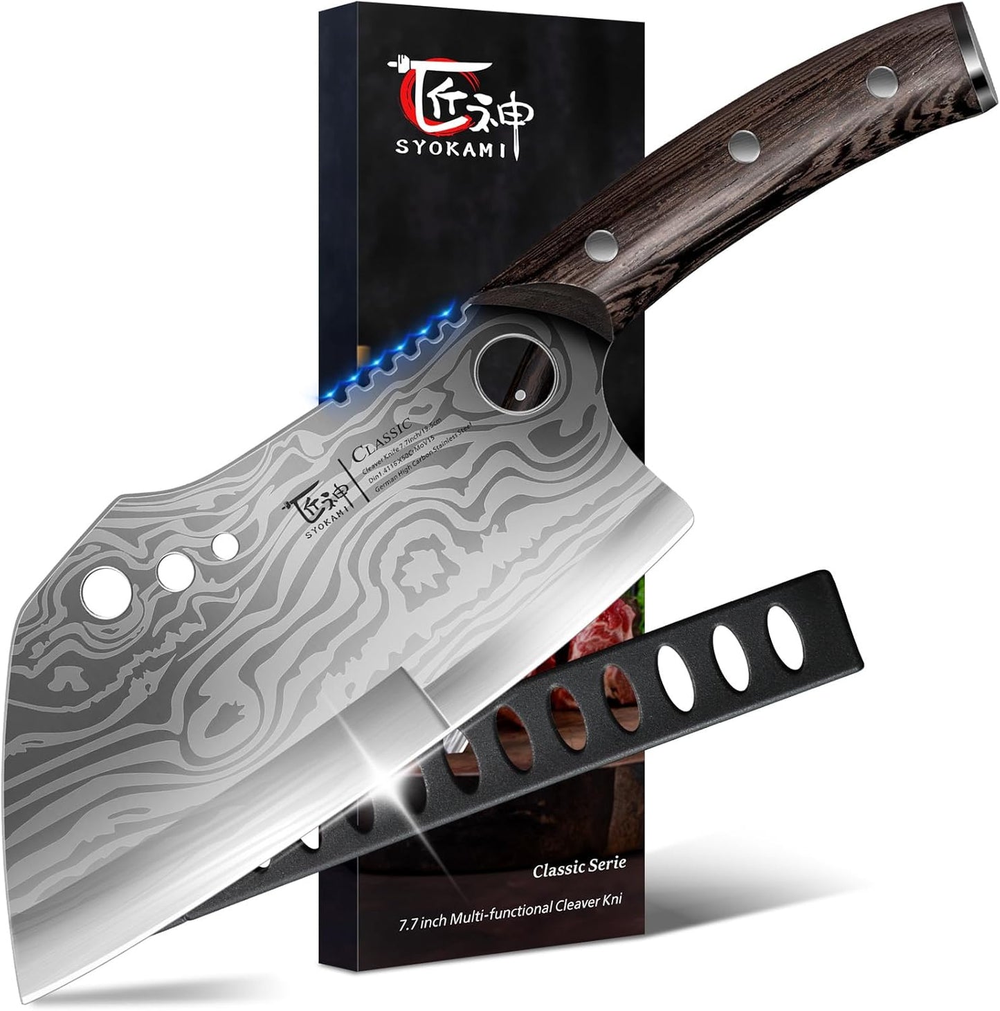 SYOKAMI Meat Cleaver Chef Knife, 7.7 Inch Multifunction Butcher Knife with Herb Stripper and Sheath, Chinese Cleaver Heavy Duty Bone Chopper, Meat Cutting, Damascus Pattern Full Tang Wood Handle