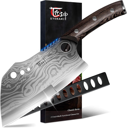 SYOKAMI Meat Cleaver Chef Knife, 7.7 Inch Multifunction Butcher Knife with Herb Stripper and Sheath, Chinese Cleaver Heavy Duty Bone Chopper, Meat Cutting, Damascus Pattern Full Tang Wood Handle