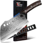 SYOKAMI Meat Cleaver Chef Knife, 7.7 Inch Multifunction Butcher Knife with Herb Stripper and Sheath, Chinese Cleaver Heavy Duty Bone Chopper, Meat Cutting, Damascus Pattern Full Tang Wood Handle