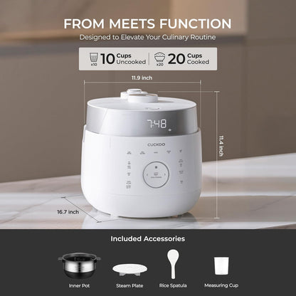 CUCKOO CRP-LHTR1009F | rice cooker 10 Cup (Uncooked) Twin Pressure Induction Heating Cooker | 16 Menu Options: High/Non-Pressure Steam & More, Stainless Steel Inner Pot, Made in Korea | White