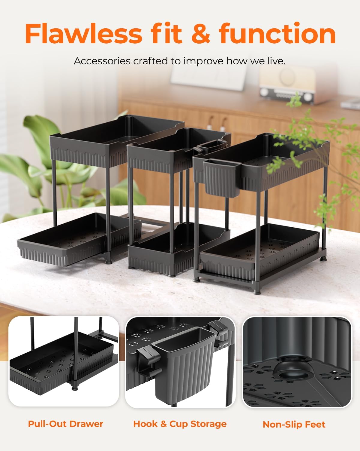 Sevenblue Under Sink Organizer 3 Pack, Bathroom Organizers, 2 Tier Multi-Use kitchen Organizers and Storage with Sliding Drawer, Hang Hooks and Cups, (Black)