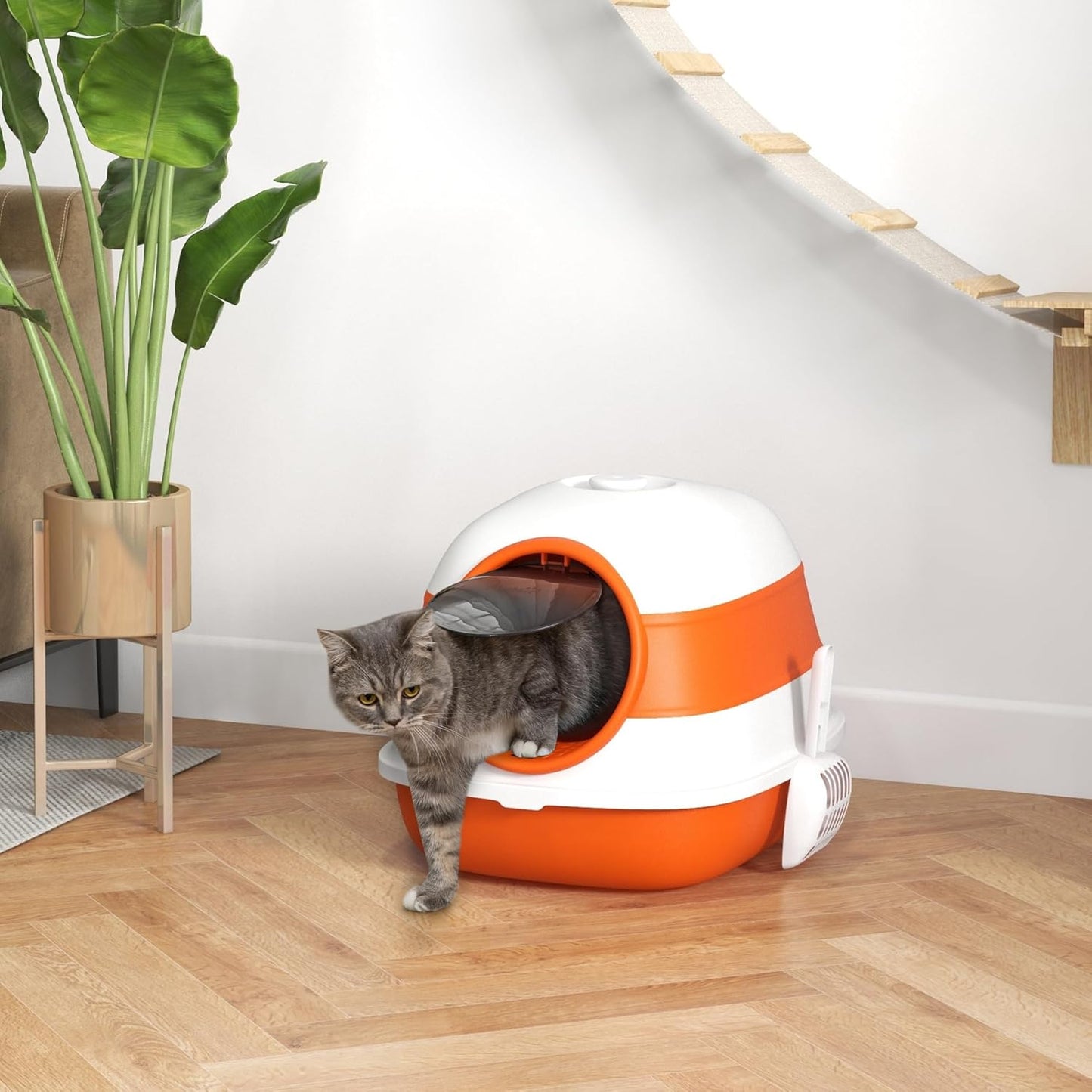 PawHut Foldable Large Cat Litter Box with Lid, Covered Kitten Litter Box w/Automatic Cat Litter-Proof Sides, Deodorization, Easy to Clean, White and Grey