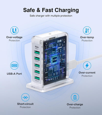 Voteen 45W 6 Port USB Charger Charging Block with 1 USB C 5 USB A Port, USB Power Strip Plug Charging Hub Multi Travel Chargers for iPhone iPad, Tablets, Smartphones