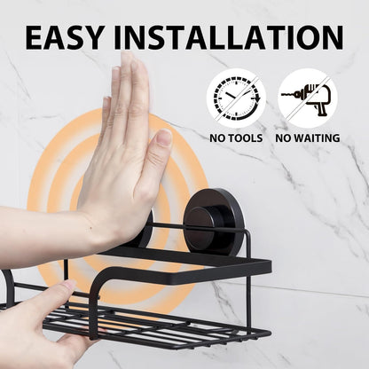 LEVERLOC Shower Caddy Suction Cup, 2 Pack Black Shower Shelf with Hooks and Soap Holder, NO-Drilling Bathroom Organizer, Rustproof Metal Bathroom Storage and Organization