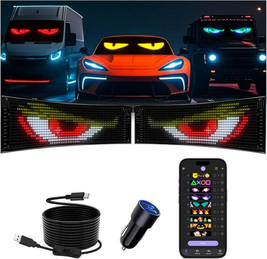 Multifunctional Bright 2PCS Eyes for Cars Windshield - 19in x 5in [ Two Screens 100% Synchronized ] Programmable LED Eyes for Car - Flex LED Display - Sized Cars/SUVs/Trucks