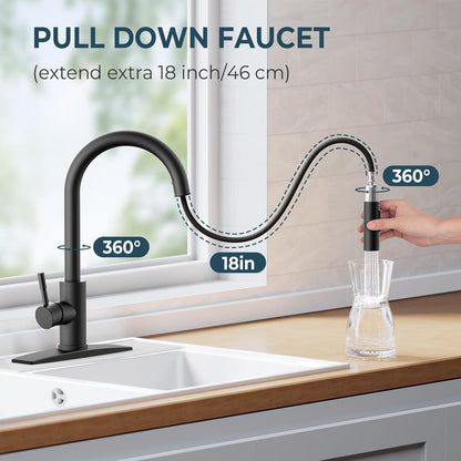 FORIOUS Kitchen Faucet with Pull Down Sprayer, Stainless Steel Single Handle Classic Sink Faucet 1 Or 3 Hole, Dual Function Faucet for Farmhouse, Camper, Laundry, Rv, Bar, Mattle Black