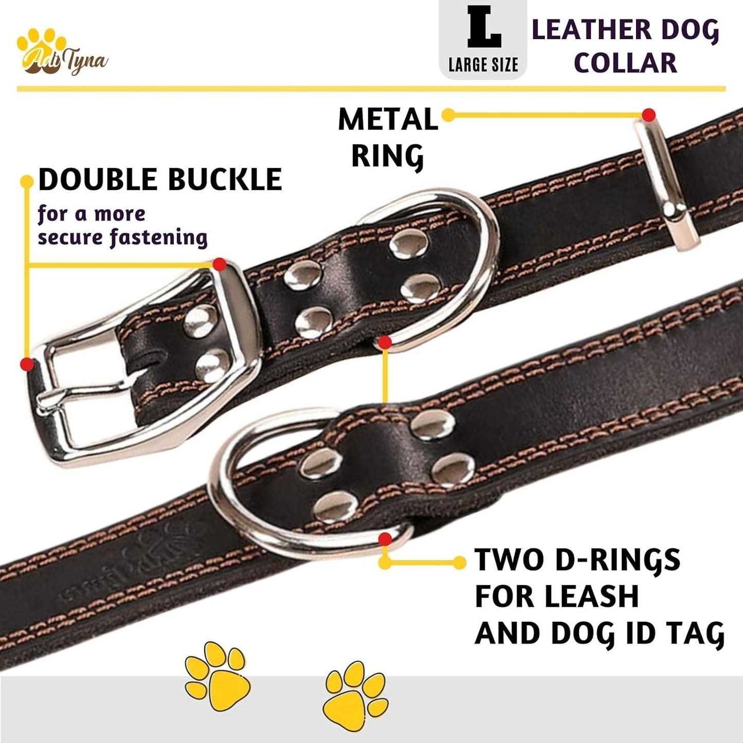 ADITYNA Heavy-Duty Leather Dog Collar for Medium Dogs - Soft and Strong, 100% Genuine Leather - Collier Pour Chien (Medium: Fit 13" - 20" Neck, Brown)