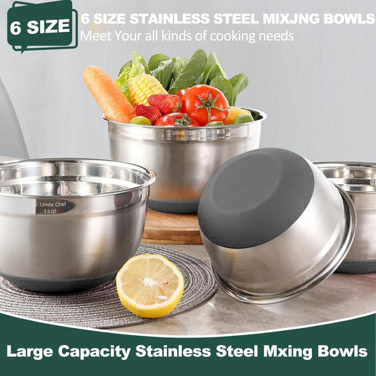 Umite Chef Mixing Bowls with Airtight Lids 6 Piece Stainless Steel Metal Nesting Storage Bowls by Umite Chef, Non-Slip Bottoms Size 7, 3.5, 2.5, 2.0,1.5, 1QT, Great for Mixing & Serving(Grey) - PuriLite