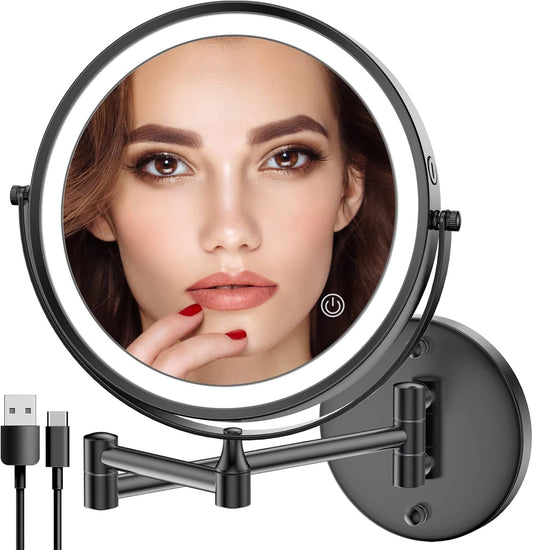 Miroir de maquillage mural rechargeable, miroir de courtoisie LED double face de 20 cm avec agrandissement 1X/10X, miroir de salle de bain de 33 cm avec écran tactile et 3 couleurs d’éclairage