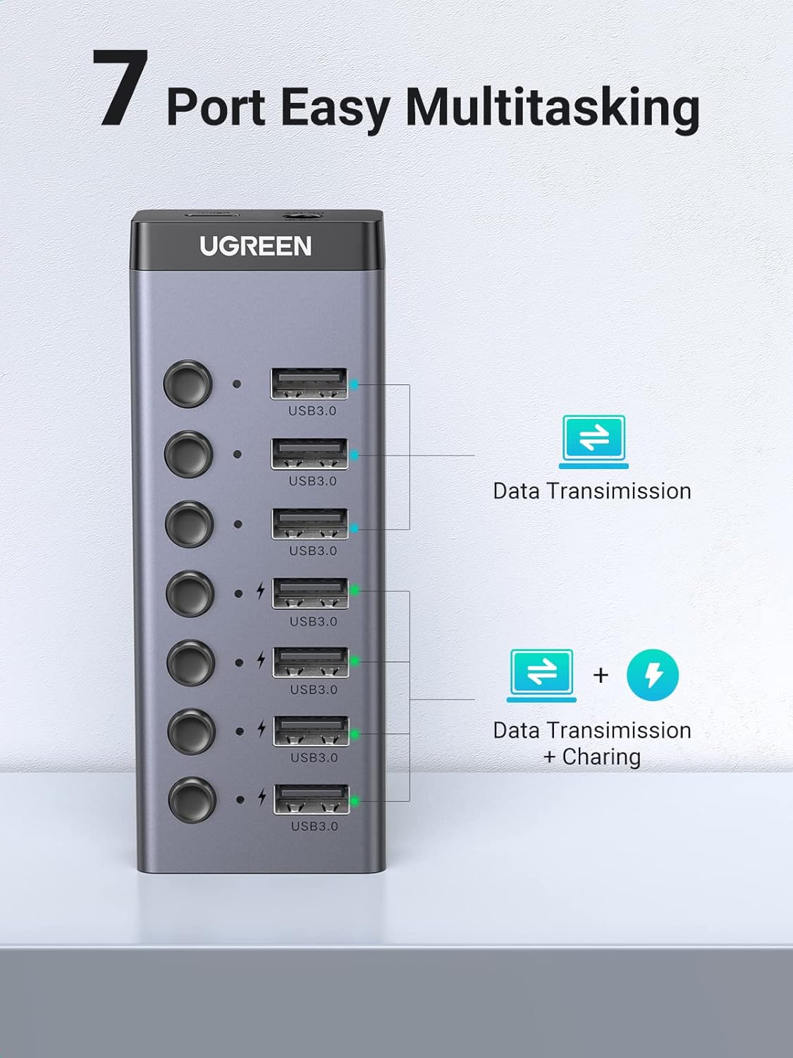 UGREEN Powered USB Hub 3.0,7 Ports USB Splitter with 4 Smart Charging Ports Aluminum Individual LED Power Switches Extension 12V 2A Charging Adapter for PC Laptop, MacBook Pro Air Mini