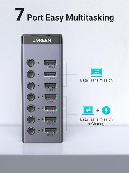 UGREEN Powered USB Hub 3.0,7 Ports USB Splitter with 4 Smart Charging Ports Aluminum Individual LED Power Switches Extension 12V 2A Charging Adapter for PC Laptop, MacBook Pro Air Mini