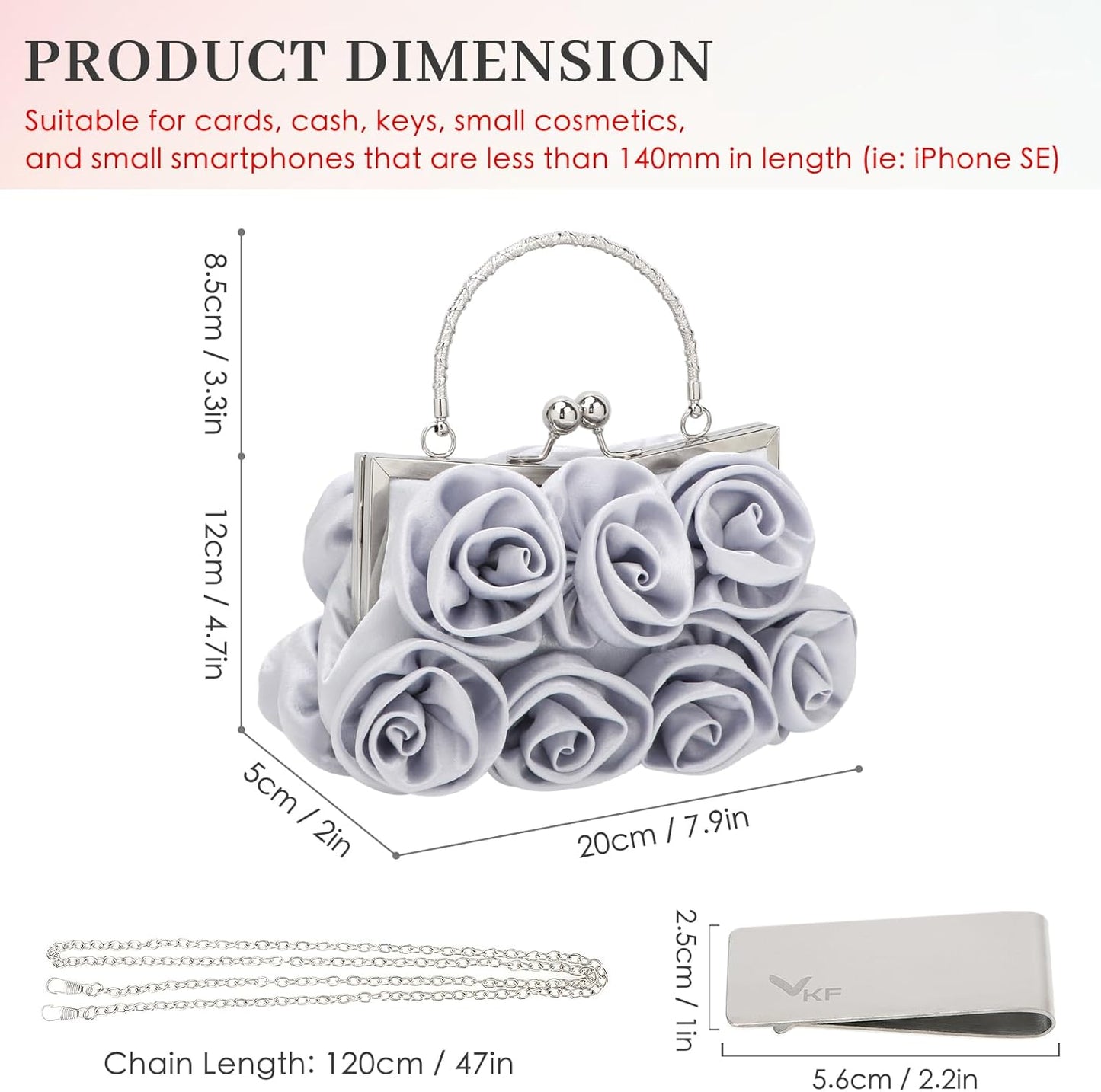 kilofly Missy K 7 Roses Clutch Purse, Satin, with Detachable Strap + kilofly Money Clip